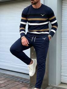 Men's Autumn/Winter Daily Commute Striped Patchwork Print Crew Neck Long Sleeve T-Shirt And Pants Set - Multicolor - View 3