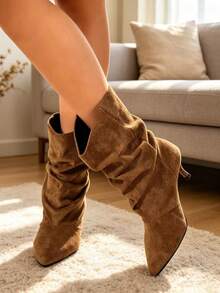 Women's Pointed‑Toe Kitten‑Heel Low‑Heel Ankle Boots, Elegant Ruched Brown Boots, Fashion Short Boots For Autumn & Winter - Brown - View 6