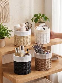 1pc Handwoven Paper Rope Storage Basket With Fabric Liner, Cylindrical Desktop Organizer Bin, Boho Farmhouse Home Decor For Vanity Makeup Brushes, Stationery, Kitchen Countertop, Bedroom Shelf Sundries Organizer - Multicolor - View 4