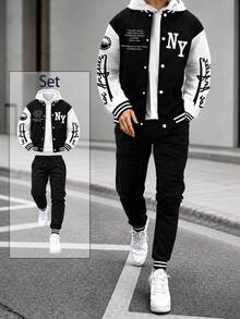 2pcs/Set Tween Boys Color Block Splice Crew Neck Sweatshirt Jacket And Loose Drawstring Sweatpants Set, Autumn/Winter - Black - View 1