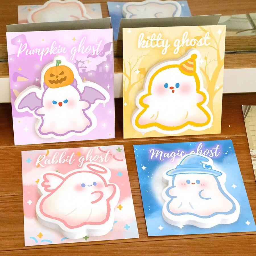 4pcs Halloween Cute Ghost Sticky Notes, Self-Adhesive Portable Memo Notepad, Holiday Gift For School And Office - Multicolor - View 1