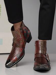 QRLQRL Men's Colorblock Printed Patchwork Short Boots, Autumn/Winter Metallic Toe Cap Double Carved Buckle Chunky Heel Shoes, Bar Exhibition Outing Personalized Men's Footwear - Red - View 5
