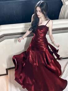 Burgundy Ruffle Hem Party Dress, Shiny Red Concert Outfit, Summer Spring Clothing Wedding Fall - Burgundy - View 2