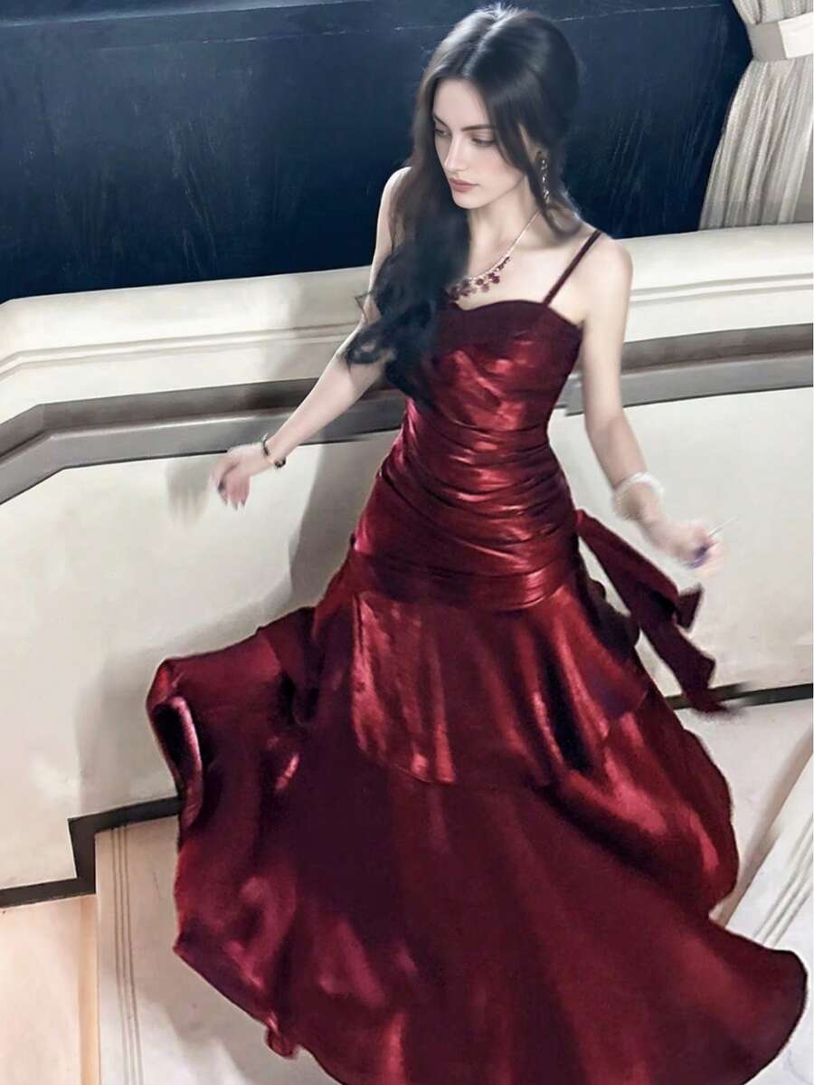 Burgundy Ruffle Hem Party Dress, Shiny Red Concert Outfit, Summer Spring Clothing Wedding Fall