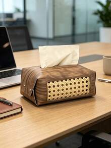 1pc Wood‑Grain Rattan Splicing Tissue Box Cover, Retro PU Leather Rectangular With Hollow Woven Panel & Snap Button, Dust‑Proof Storage Make Up Storage Organiser Desktop Decor, For Living Room Bedroom Hotel Daily Use All‑Season Household Ornament - Multicolor - View 4