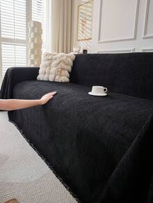 1pc Solid Color Sofa Cover, Sofa Throw, Chenille Sofa Protector, Suitable For All Seasons, Suitable For Bedroom And Living Room, Home Decor - Black - View 1