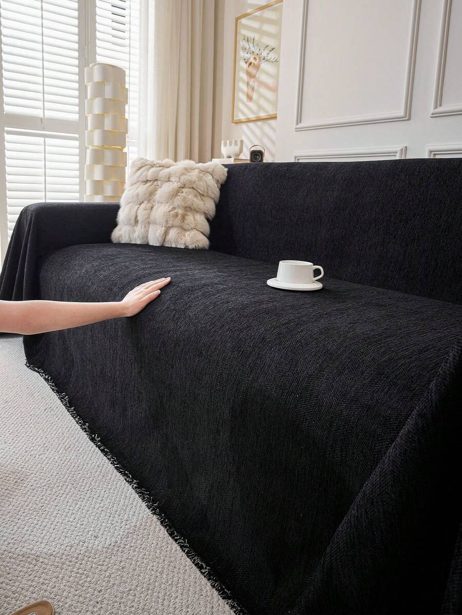 1pc Solid Color Sofa Cover, Sofa Throw, Chenille Sofa Protector, Suitable For All Seasons, Suitable For Bedroom And Living Room, Home Decor - Black - View 1