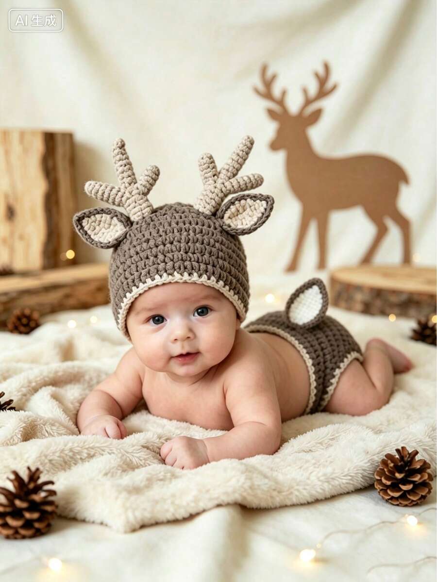 Holiday Photo Props Baby Red Knit 3 Pieces Set Newborn Gift Christmas Theme/100 Days/Full Moon/Memorial/New Year Gift Box Apple Baby Outfit Baby Party Gift - Multicolor - View 1