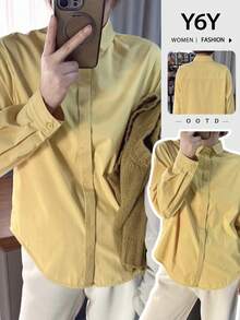 Y6Y 2025 Spring Long Sleeve Solid Yellow Dopamine Elegant Minimalist Layering Inner/Outer Wear Premium Shirt For Women - Yellow - View 8