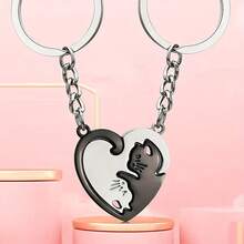 Quirky Cat Design Heart-Shaped Split Matching Keychain Set, Engraved Love Token, Perfect Birthday, Anniversary, Christmas Gift For Best Friends, Couples, Soulmates - Black`White - View 7