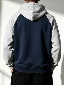 ZYNTH BALENO Men's Loose Drop Shoulder Patchwork Hooded Sweatshirt, Suitable For Sports, Outdoor, Indoor, Classic Solid Color Long Sleeve - Navy Blue - View 2