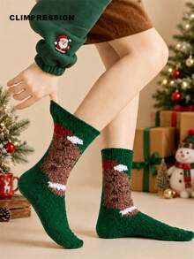 CLIMPRESSION Christmas Pattern Mid-Calf Socks, Soft Coral Fleece Warm Slippers Socks, Green Holiday Indoor Floor Socks, Women's - Green - View 2