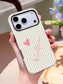 1pc Customized Minimalist Striped Letter Name Color Phone Case, 2-In-1 Glossy Film Full Coverage Hard Shell Protective Cover Compatible With Iphone 11/12/13/14/15/16/17 Pro Max - Multicolor - View 3