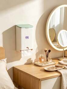 Cute Bow Wall-Mounted Tissue Box, Bathroom Sanitary Napkin Storage Box, Vertical Striped Textured Shell, No-Drill Adhesive Wall Installation. Smooth Dispensing Opening, Can Hold Face Towels And Tissues, Flip-Top Design For Easy Refill. White And Pink Contrast Color Girly Style, Suitable For Bathroom Vanity, Frees Up Countertop Space, Practical Home Storage For Face Towels And Tissues. - Multicolor - View 11