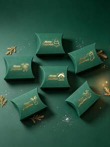 12PCS/Christmas Pillow Gift Boxes, Gold Foil Hot Stamping Xmas Candy Treat Boxes, 4.53*2.76 Inch Green Paper Favor Boxes, 6 Assorted Patterns For Christmas Party Small Gift Cookie Packaging - View 6