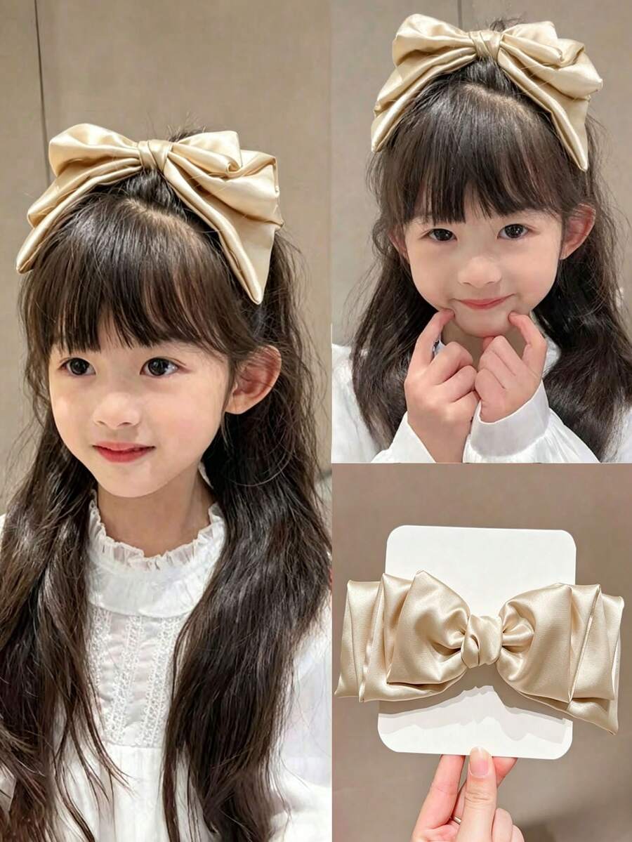 1件女童香檳色三層蝴蝶結光滑緞面防滑甜美髮夾，適合日常、派對、四季休閒髮飾，節日禮物