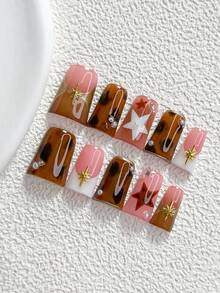 10片裝 Mailard 風格手工穿戴甲，Polygel 美甲套組，星爆五角星棕色與白色美甲，韓系風格，附美甲工具，3種尺寸可選，杏仁甲、鴨嘴甲、棺材甲，適合派對、舞蹈、日常穿戴 - 彩色 - 查看 20