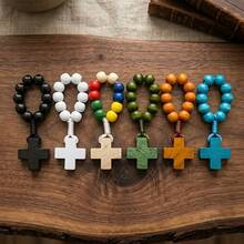 1/2/5pcs Natural Wooden Cross Pocket Rosary Jewelry Set, Prayer Bead Ring, Portable Religious Faith Accessory, Suitable For Daily Prayer And Church, Unisex, Wooden Bead Cross Pendant - Multicolor - View 10