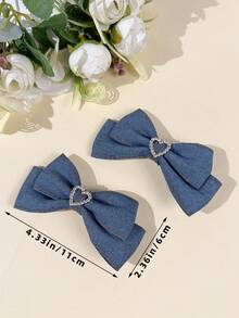 2件組女款牛仔布雙層蝴蝶結髮夾，鑲鑽愛心裝飾，休閒甜美酷感風，適合日常配戴、外出、拍照，女孩側髮飾品 - 藍色 - 查看 4