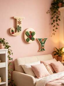 3pcs Wooden Christmas Wall Decor With "JOY" Lettering, Suitable For Entryway, Indoor/Outdoor, Garage Door And Various Surfaces, Rustic Holiday Decoration, Thanksgiving Inspired Hanging Ornament, Inspirational Phrase - A - View 3