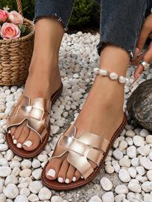 Women Champagne Gold Metallic H‑Shape Woven Slide Sandals, Open‑Toe Outdoor Slides, Summer Vacation Beach Shoes - Champagne - View 4