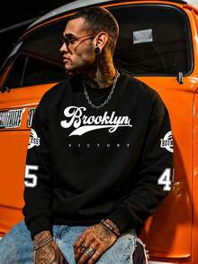 Men's "VICTORY" Graphic Print Crew Neck Pullover Sweatshirt, Streetwear Style, Autumn/Winter, Long Sleeve Top - Black - View 4