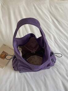 Women's Solid Color Nylon Fabric Drawstring Shoulder Tote Bag, Side Pockets, Zipper Closure, Large Capacity, Casual Style, Suitable For Daily Commute And Travel, All Season - Purple - View 5