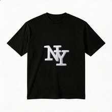Urban Streetwear, White NY Logo, T-Shirt, Cotton, Crew Neck Short Sleeve Loose Fit, Unisex Casual Wear, Summer Breathable Comfort - Black - View 2