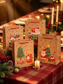 24pcs Set Of Christmas-Themed Printed Kraft Paper Gift Bags-Perfect For Party Favors, Table Decorations, Guest Gifts, And General Gift-Giving; An Ideal Choice For Holiday Gift Packaging. - Multicolor - View 6