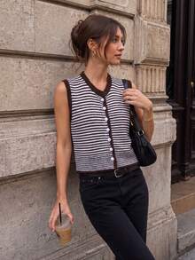 JIANHU Women's Vintage Knit Button Striped Sleeveless Cardigan Vest, Suitable For Daily Layering And Casual Wear, Autumn/Winter - Brown - View 6