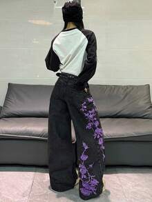 1件韓式街頭風女款刺繡寬腿牛仔褲，寬鬆舒適，四季皆宜長褲（本產品不含腰帶/配件） - 黑色 - 查看 7