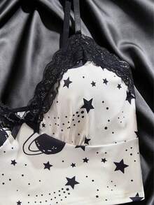 Sexy Women's Star Pattern Pajama Set, V-Neck Lace Bow Striped Knit Halter Top And Shorts, Comfortable Soft Home Sleepwear Set - Multicolor - View 3