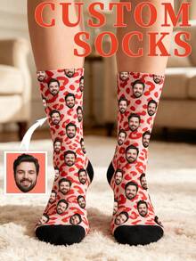 Custom Face Crew Socks, Personalized Photo Socks With Heart & Leopard Print, Novelty Customized Gift Socks For Holiday Birthday Party - Multicolor - View 14