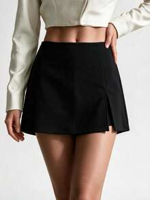 Rok Mini Wanita Warna Hitam Polos Pinggang Tinggi, Belahan Samping di Bagian Bawah, Potongan Ramping, Lapisan Dalam Pengaman, Gaya Pesta dan Perjalanan yang Elegan - Hitam - View 3