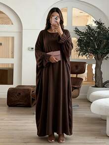 Gaun Abaya Panjang Lengan Panjang Longgar, Jubah Kasual Leher Bulat Panjang, Cocok untuk Pemakaian Sehari-hari - MultiWarna - View 19