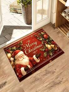 1pc Red Background Santa Claus Rectangular Doormat, Christmas, Welcome Mat, Small Rug, Carpet, Floor Mat, Outdoor Doormat, Kitchen Rug, Home Decor, Front Door Mat, Area Rug - Multicolor - View 2