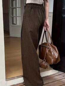 Women's Relaxed Minimalist Elegant Commuter Style High Waist Wide Leg Long Pants Non-Stretch Spring Autumn Fashion Versatile Trousers - Brown - View 7