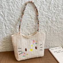 SANRIO Large Ins Style Korean Cute Cool Summer Straw Woven Cat Handbag, Portable Large Capacity Versatile Bag (No Accessories) - View 8