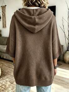 Women's Solid Color Drop Shoulder Drawstring Hooded Loose Casual Sweater - Coffee Brown - View 3