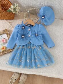 2pcs Baby Girl Cute Mori Style 3D Flower Short Jacket & Dress Set With Beret Hat, Elegant Princess Style - Blue - View 1