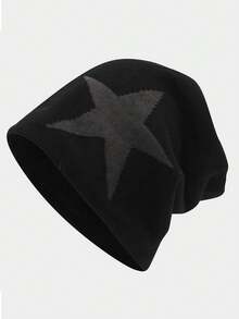 1pc Y2K Vintage Style Knitted Beanie, Men's Pentagram Jacquard Fleece Lined Knit Hat, Suitable For Women And Girls, Retro Streetwear Beanie, Star Embroidery Detail, Loose Elastic Fit, Most Comfortable, Suitable For Autumn/Winter Casual, Outdoor And Streetwear Looks, Unisex - A - View 3
