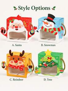 4pcs Reusable Christmas Gift Boxes, Portable Rope Handle Paper Boxes With Transparent Window, Cute Christmas Cartoon Pattern, Holiday Party Supplies, Suitable For Apples, Candies, Small Gift Packaging - Multicolor - View 5