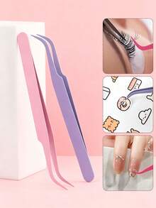 5/1pc Precision Tweezers, Bent Tip Stainless Steel Long Handle Manual Tweezers With Protective Cap, Suitable For Eyelash Extension, Eyebrow Grooming, Jewelry Making, Handmade DIY, Stickers - Multicolor - View 3