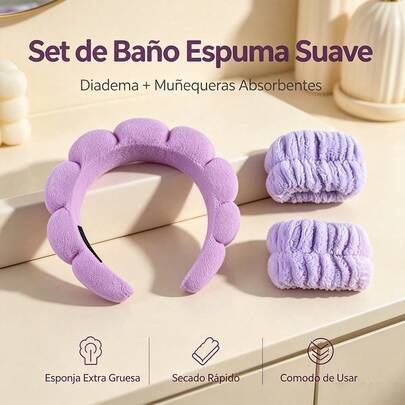 Diadema de espuma suave con muñequeras absorbentes de felpa, set para rutina facial, lavado de rostro, maquillaje y mascarilla, mantiene el cabello recogido, suave y cómodo para uso diario, accesorio de belleza para mujer, color lindo ideal para spa en casa