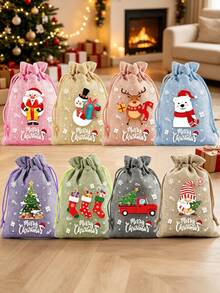8/1pc Christmas Drawstring Gift Bag, Christmas Packaging Bag, Holiday Party Decoration Gift Bag, Cartoon Candy Drawstring Bag, Halloween, Christmas - Multicolor - View 5