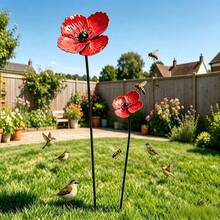 2pcs Large And Small Red Poppy Flower Garden Stakes, Outdoor Yard Art Decor, Rust-Proof Floral Ground Stakes, Suitable For Lawn, Patio, Farm Decoration - Red Poppy - View 4