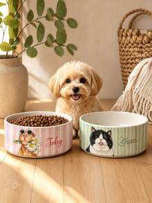 Personalized Custom Name Ceramic Pet Bowl, Cartoon Pet Portrait Print Dog & Cat Food & Water Bowl, Non-Slip Pet Feeding Bowl, Custom Pet Accessories Gift, Suitable For Puppies & Kittens - Multicolor - View 4