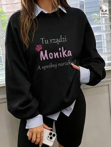 Oversized Women's Sweatshirt For Autumn/Winter, Casual Daily Wear, Long Sleeve Hoodie, Outerwear Top, Y2K, Letter Slogan Graphic, Unisex,Black - Black - View 4