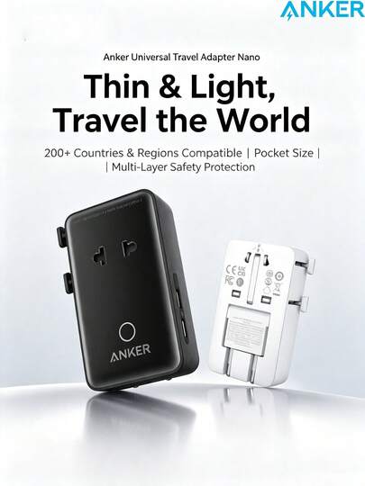 anker A9215, 5-In-1 Universal Travel Adapter, 20W PD Fast Charging, Slim And Portable, Multi-Functional Power Adapter For International Travel