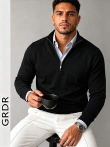 GRDR Men's Casual Long Sleeve Half Zip Knit Sweater, Versatile For Daily Wear - Black - View 4